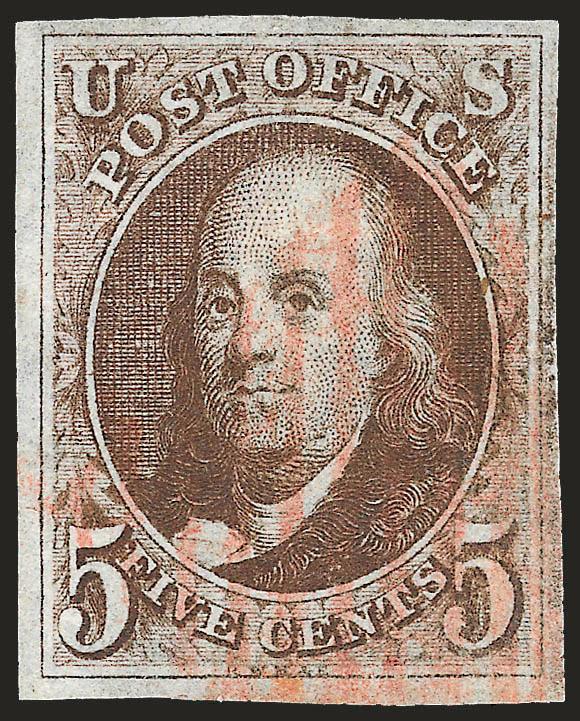 5c Red Brown (1).> Large even margins all around, rich chocolate shade, red New York square grid cancel, Extremely Fine