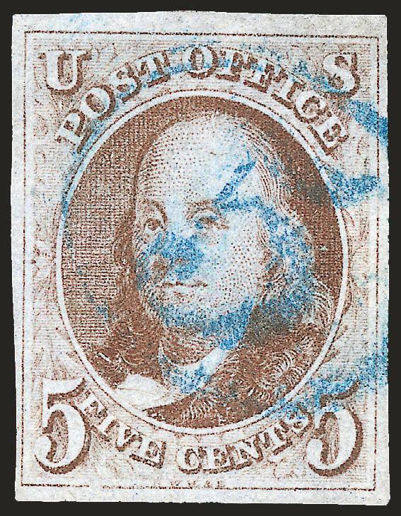 5c Red Brown (1).> Full to large margins all around, radiant color, neat strike of <blue numeral 5 in circle> handstamp, Very Fine and choice, a pretty stamp