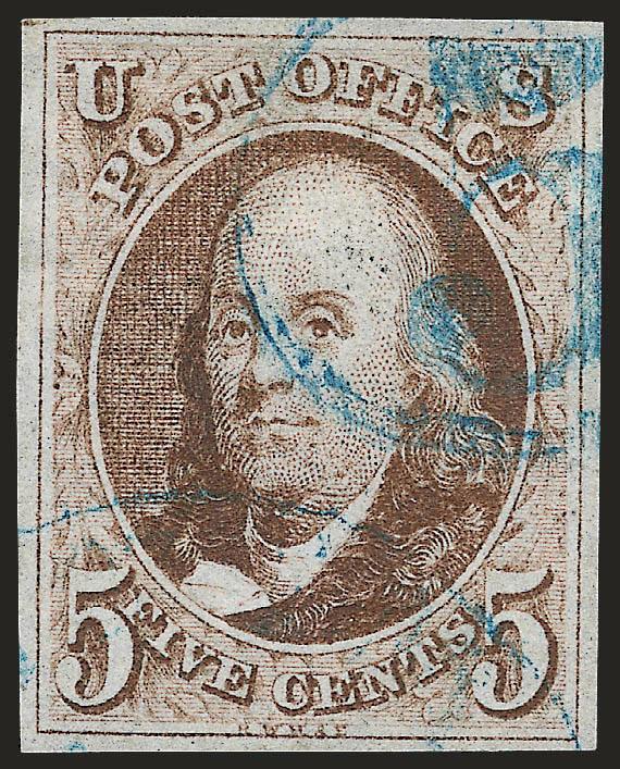 5c Red Brown (1).> Full even margins, crisp impression, <blue 5 in oval> handstamp, Very Fine and choice