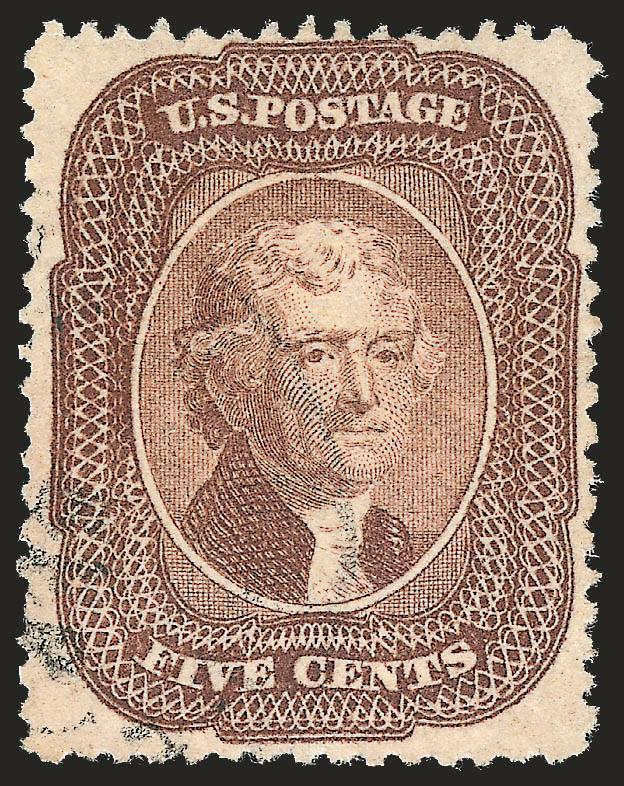5c Brown (29).> Unusually wide margins for this issue with perfs clear of design all around, unobtrusive circular datestamp cancel, single short perf at left not mentioned on accompanying certificate, Very Fine,
with 1989 P.F. certificate