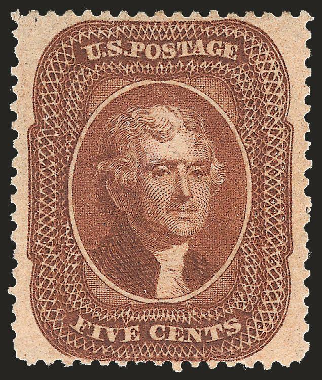 5c Orange Brown, Ty. II (30).> Original gum, lightly hinged, deep rich color, wide margins to just touched at bottom, Very Fine and attractive, with 1988 P.F. certificate