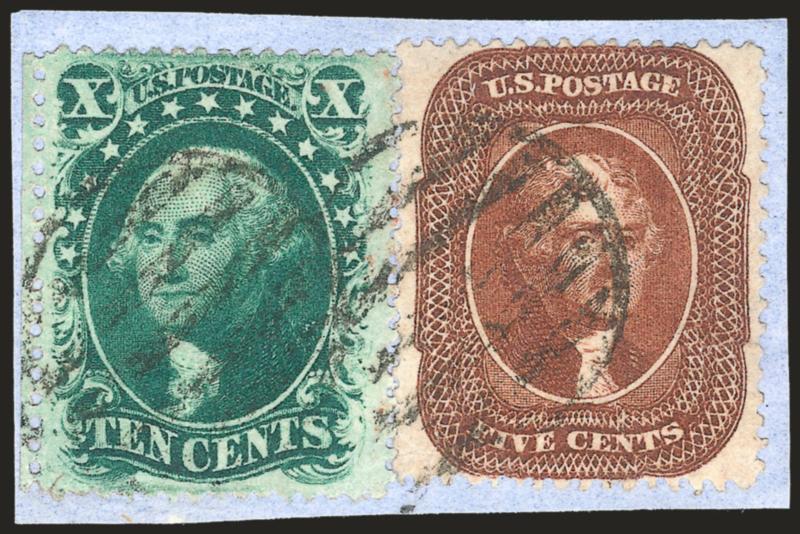5c Orange Brown (30).> Well-centered, beautiful rich color, used with <10c Green, Ty. V (35)>, both tied by grids on small blue piece, fresh and Very Fine, with 1985 P.F. certificate