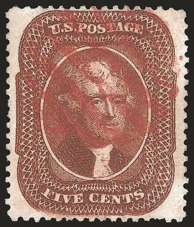 5c Deep Orange Brown, Ty. II (30).> Choice margins and almost perfectly centered, red grid cancel, shorter perf at bottom right and small shallow thin spot, Extremely Fine appearance, with 1978 P.F. certificate
(not mentioning fault) and 2010 P.S.E.