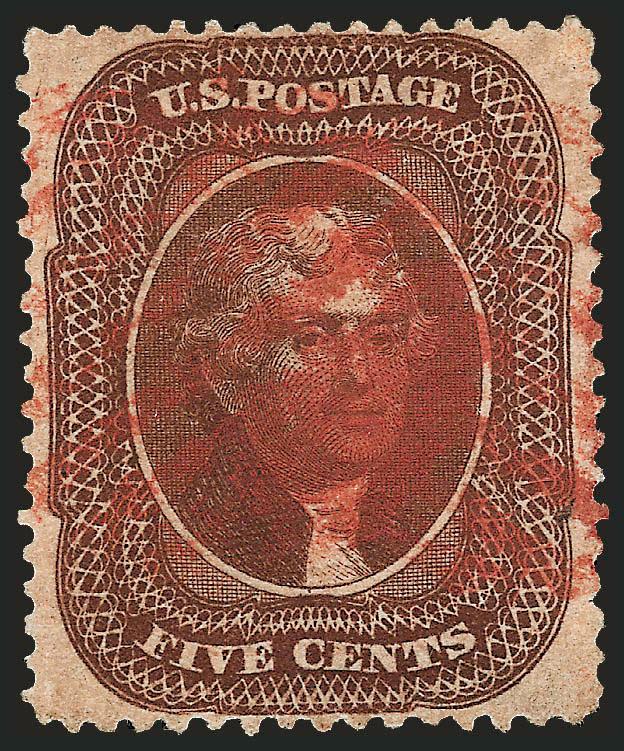 5c Brown, Ty. II (30A).> Exceptionally well centered with wide side margins, rich color, bold <red grid> cancels, Extremely Fine, with 2008 P.S.E. certificate (XF 90 SMQ $800.00)