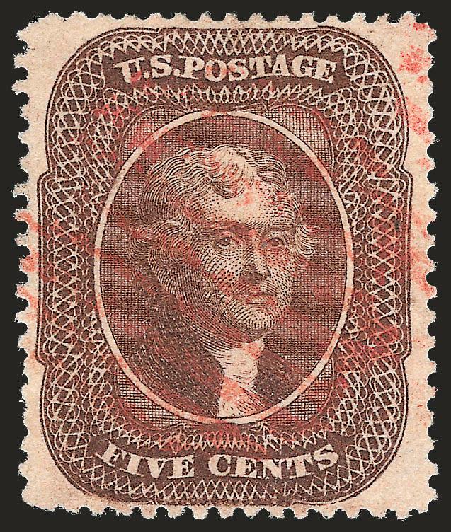 5c Brown, Ty. II (30A).> Rich color and balanced margins, neat <red grid> cancel, Extremely Fine, with 1993 P.S.E. certificate identifying the shade as Orange Brown