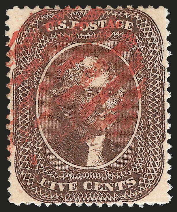 5c Brown, Ty. II (30A).> Bright shade, balanced margins, bold <red grid> cancel, Extremely Fine, with 1991 P.F. certificate