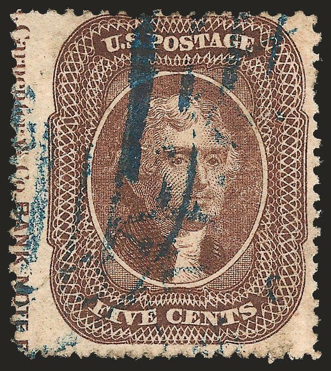 5c Brown, Ty. II (30A).> Wide left margin with <captured imprint,> blue cancel, couple small faults, still Fine appearance and attractive, scarce with the imprint