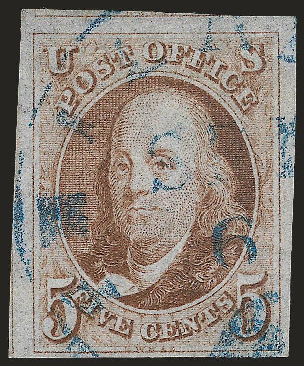 5c Red Brown (1).> Huge margins to full incl. part of adjoining stamps at top and left, attractive light shade, fine impression that appears to come from the reconditioned plate, <blue> circular datestamp, Very
Fine and choice