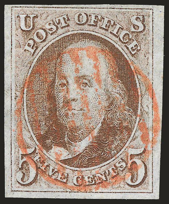 5c Brown (1).> Ample to large margins, rich color, neat red grid cancel, Very Fine and choice, with 1986 P.F. certificate