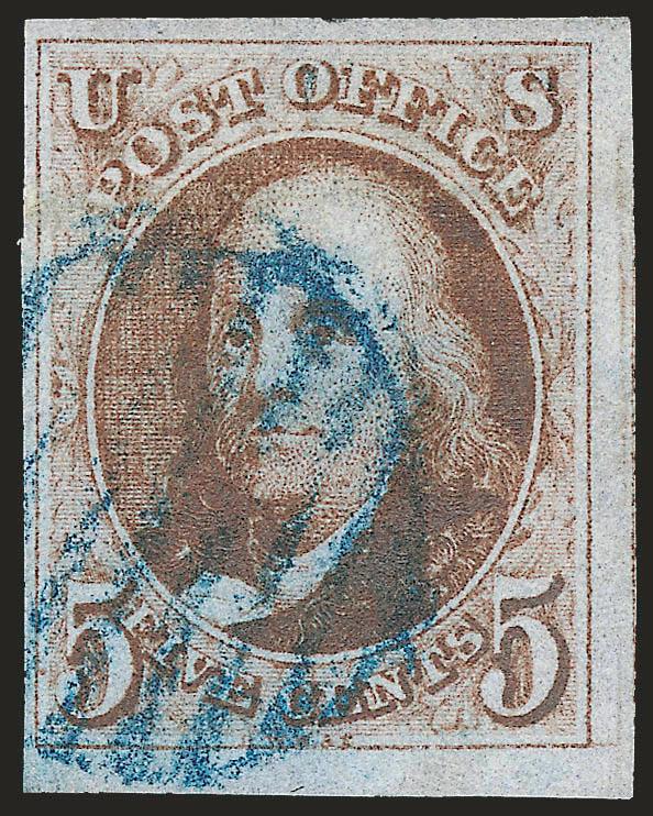 5c Red Brown (1).> Huge margins to clear incl. trace of adjoining stamp at right, attractive dark shade nicely complemented by <blue> grid cancel, light horizontal crease at top, Very Fine appearance