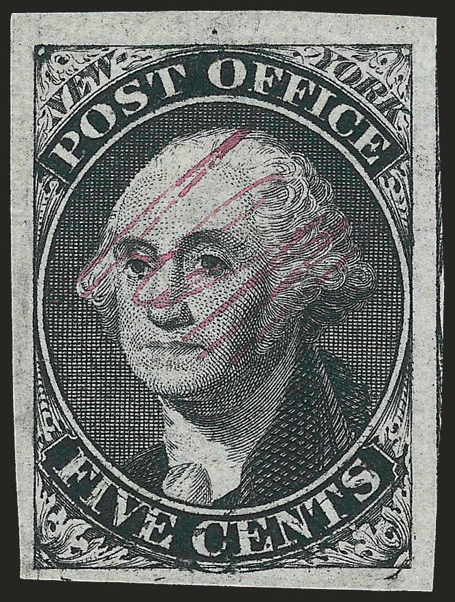 New York N.Y., 5c Black, ACM Initials (9X1).> Position 2 with prominent <double transfer> at bottom, unused (no gum), large to huge margins, Extremely Fine, a magnificent example of the New York provisional in
unused condition, especially desirable