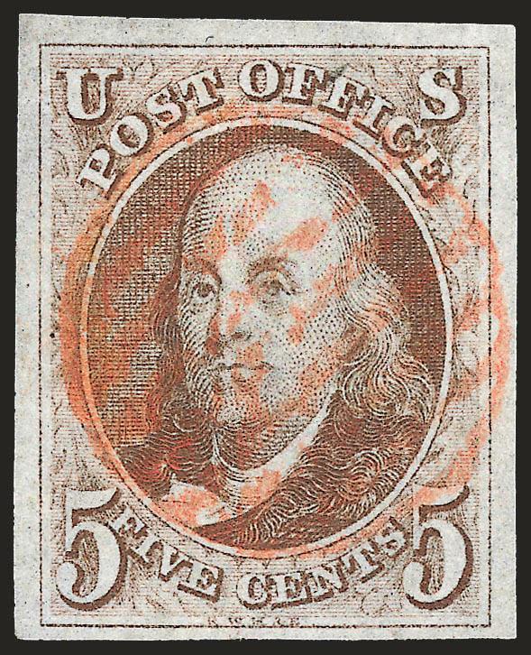 5c Red Brown (1).> Large margins to full at bottom, bright color, neat strike of red grid cancel, light vertical crease, Very Fine appearance
