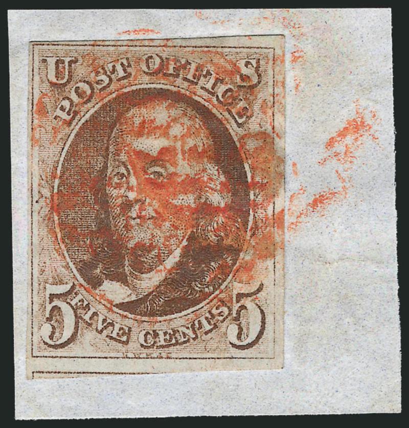 5c Red Brown (1).> Ample to huge margins, shows part of frame line of next stamp at bottom, rich color, tied on small piece by red grid, small piece of sealing wax wafer under stamp at right, otherwise Very
Fine