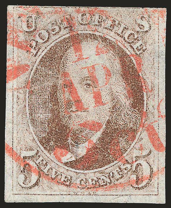 5c Red Brown (1).> Three large margins, just touched at top, bright shade, neat strike of red New York integral-rate circular datestamp, Fine