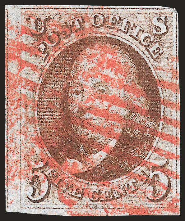 5c Red Brown (1).> Huge margins to just touched incl. part of adjoining stamp at left, bold red square grid cancels, small thin spot, Fine appearance
