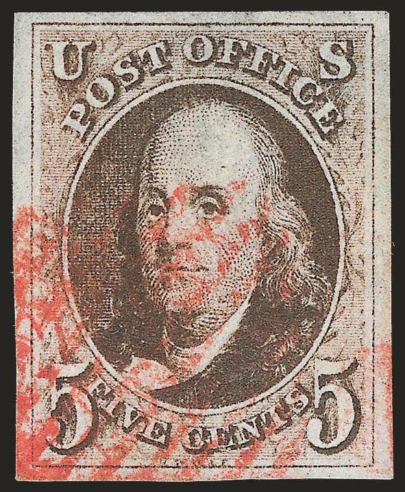 5c Dark Brown (1a).> Large balanced margins, beautiful intense color nicely complemented by New York red grid cancel, small manuscript x mark on back does not show through, Extremely Fine, with 2010 P.S.E.
certificate (XF 90 SMQ $1,050.00)