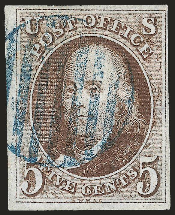 5c Dark Brown (1a).> Large margins to full at right, deep rich color, well-struck <blue> grid cancel, Very Fine, a pretty stamp