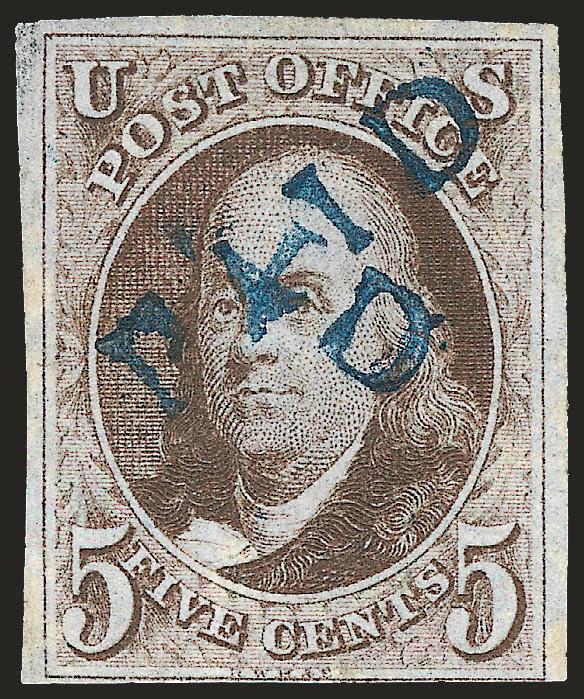 5c Dark Brown (1a).> Large margins to clear, deep rich color, cancelled by two neat strikes of <blue Paid> cancels, accompanying certificate notes margin thin which we do not see but does not mention faint crease
at bottom which we do see, Fine app