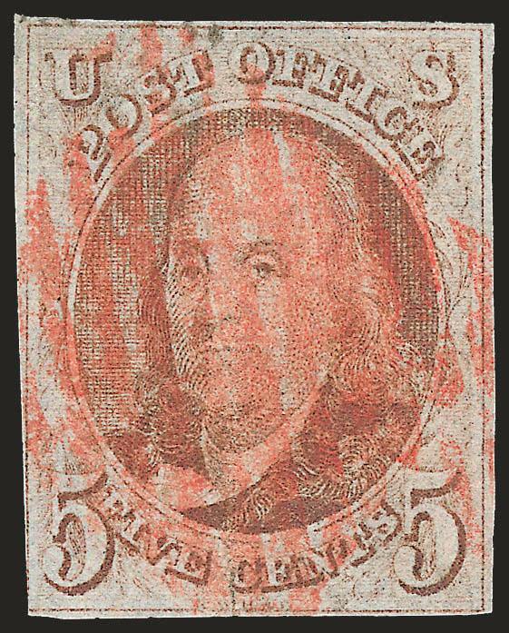 5c Red Brown (1, shades).> Four, one with <black> grid cancel, three with red grid cancels, margins clear to slightly cutting, couple of tiny flaws, Very Good-Fine
