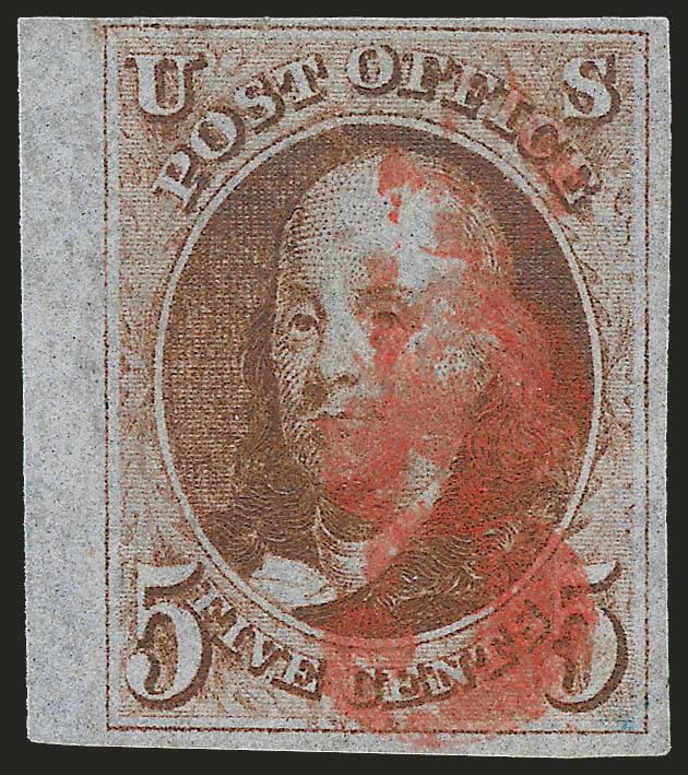5c Orange Brown (1b).> Large to huge margins incl. <sheet margin at left,> radiant color, bold strike of <5 numeral> handstamp, Very Fine and choice, with 1995 P.F. certificate