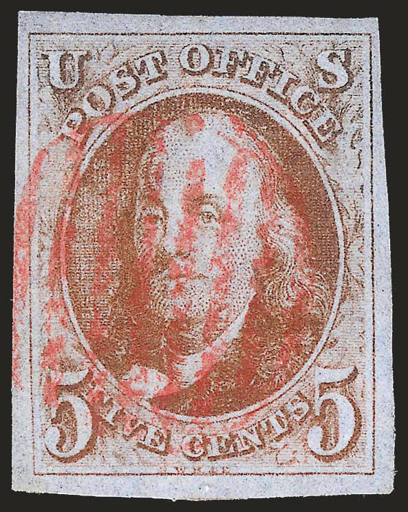 5c Orange Brown (1b).> Large to huge margins, bright shade, red grid cancel, pinpoint thin speck at top not mentioned on accompanying certificate, Extremely Fine appearance, with 2003 P.F. certificate
