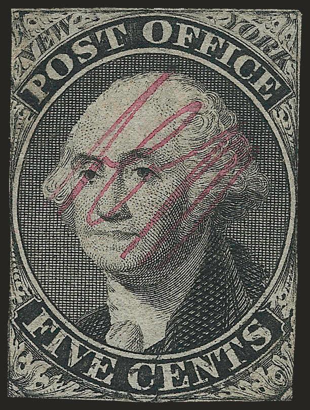 New York N.Y., 5c Black, ACM Initials (9X1).> Position 2 with prominent <double transfer> at bottom, unused (no gum), small margins to slightly cut in, light vertical crease at left, Fine appearance