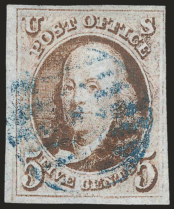 5c Brown, Double Transfer Ty. B (1-B).> Position 90R1, large margins to clear, rich color nicely complemented by <blue> grid cancel, Very Fine