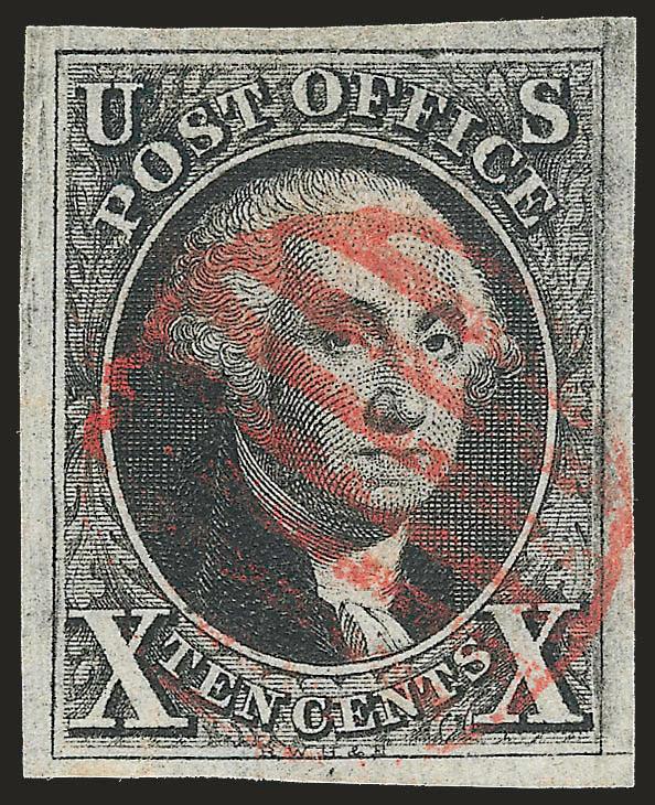 10c Black (2).> Large margins all around, intense shade and detailed impression nicely complemented by red grid cancel<><>^EXTREMELY FINE GEM. A GORGEOUS USED EXAMPLE OF THE 10-CENT 1847 ISSUE.^<><>With 1990 P.F.
and 2010 P.S.E. certificates (XF-
