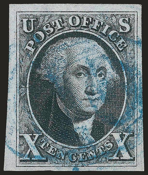 10c Black (2).> Large to huge margins all around, crisp impression on nicely blued paper, neat strike of circular datestamp<><>^EXTREMELY FINE GEM. A SUPERB USED EXAMPLE OF THE 10-CENT 1847 ISSUE.^<><>With 2007
P.S.E. certificate (XF-Superb 95 S