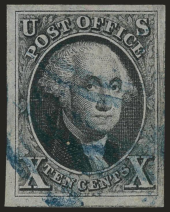 10c Black (2).> Large to huge margins all around, plate scratches at right, detailed impression, <blue> circular datestamp cancel<><>^EXTREMELY FINE GEM. A SUPERB USED EXAMPLE OF THE 10-CENT 1847 ISSUE.^<><>With
2004 P.F. and 2009 P.S.E. certific