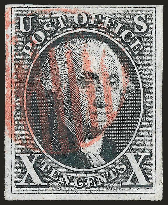 10c Black (2).> Short transfer at top, large margins to full, proof-like impression on bright paper, neat strike of red grid cancel, Very Fine and choice, with 1977 P.F. certificate