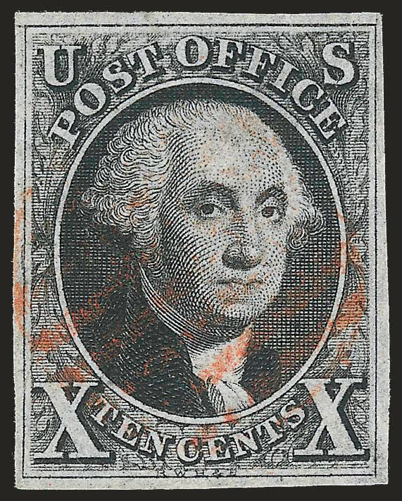 10c Black (2).> Full even margins all around, intense shade, unobtrusive strike of red grid cancel, fresh and Very Fine, with 1981 P.F. certificate