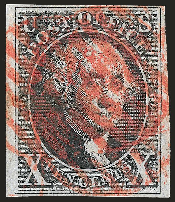 10c Black (2).> Large margins to ample, intense shade and impression, bold strikes of red New York square grid cancels, Very Fine