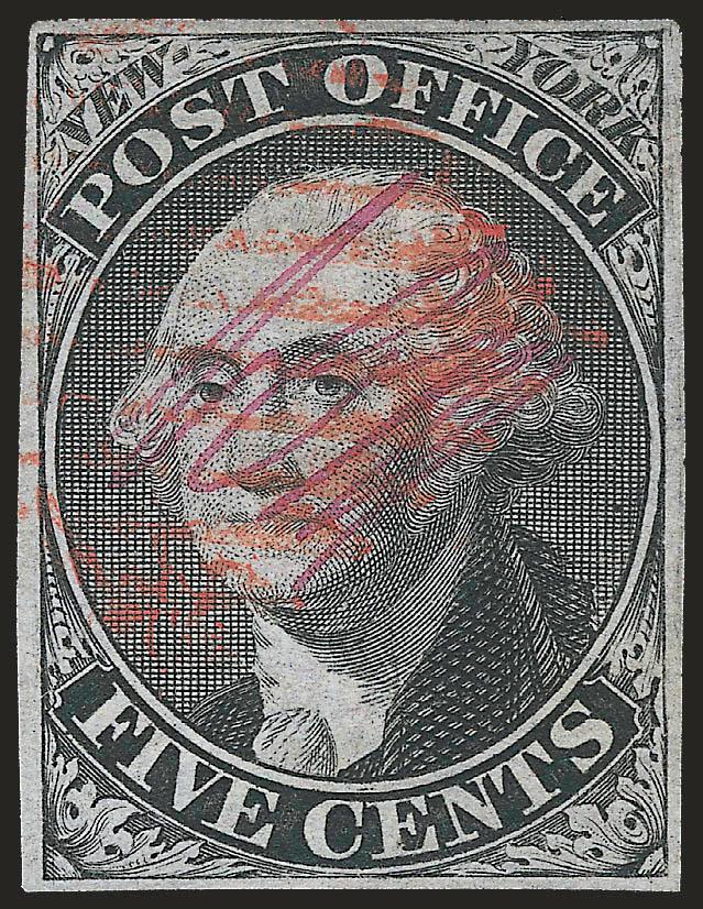 New York N.Y., 5c Black, ACM Initials (9X1).> Even margins all around, bright shade, neat strike of red New York square grid cancel, without pen cancel, Very Fine and choice, with 2010 P.F. certificate