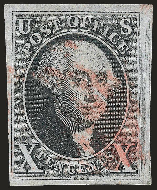 10c Black (2).> Mostly large to huge margins, ample at lower left, unusual plate scratches in margin at right, red cancel, Fine