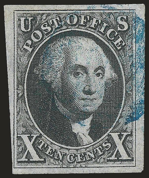 10c Black (2).> Huge margins to clear, remarkably detailed impression, face-free strike of <blue> grid cancel, light corner crease at top right, Fine appearance