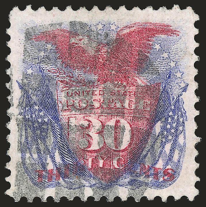 30c Ultramarine & Carmine (121).> Rich colors, wide well-balanced margins, bold strike of circular grid cancel -- a bit lighter and this would grade a clear XF-90 -- Very Fine and choice, with 2010 P.S.E.
certificate (VF-XF 85 SMQ $800.00)