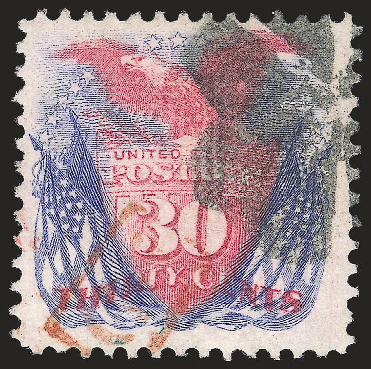 30c Ultramarine & Carmine (121).> Bright colors, nicely balanced margins, segmented cork and <red> boxed cancel at bottom, Very Fine, with 1979 P.F. certificate
