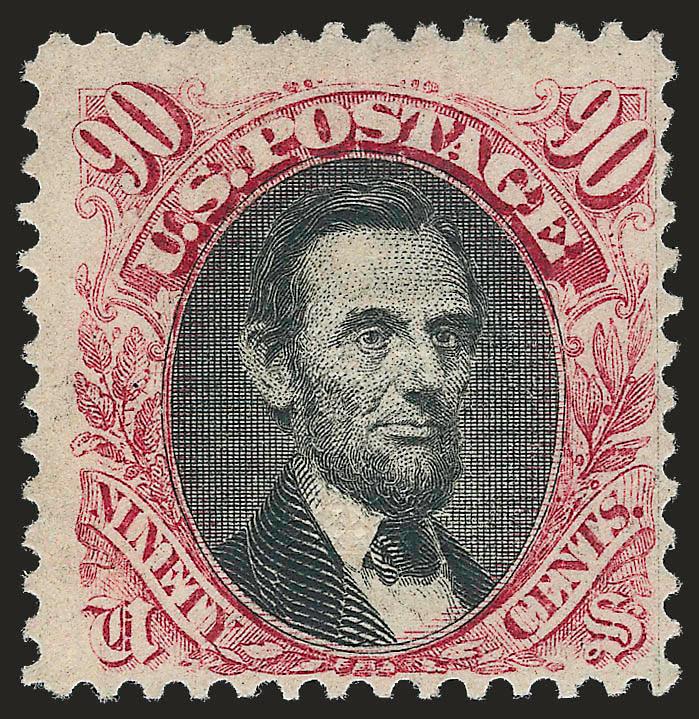 90c Carmine & Black (122).> Original gum with only a single hinge mark at top, rich frame color and attractive vignette shade on fresh paper<><>^FINE. A FRESH ORIGINAL-GUM EXAMPLE OF THE 90-CENT 1869
PICTORIAL.^<><>With 2009 P.S.E. certificate