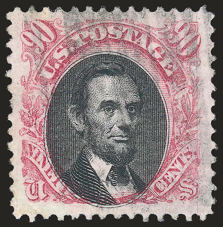 90c Carmine & Black (122).> Wide margins and exceptionally choice centering, warm color, light face-free cork cancel<><>^EXTREMELY FINE. A SCARCE SOUND AND LIGHTLY-CANCELLED 90-CENT 1869 PICTORIAL
ISSUE.^<><>With 1997 P.S.E. certificate