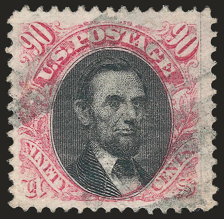 90c Carmine & Black (122).> Exceptionally wide margins and choice centering, cork cancel lighter than usually seen on this difficult issue<><>^EXTREMELY FINE. A LOVELY USED EXAMPLE OF THE 90-CENT 1869 PICTORIAL
ISSUE.^<><>With 1986 P.F. certifica