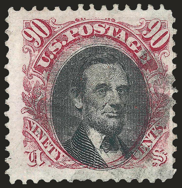90c Carmine & Black (122).> Rich colors, cork cancel, centered to right and with vignette shifted significantly to bottom, Fine, unusual with the vignette shift, with 1989 P.F. certificate