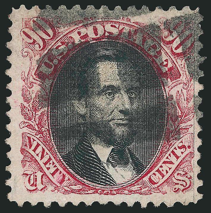 90c Carmine & Black (122).> Wide margins and attractively centered, strong colors, large grid of squares cancel, neatly reperfed at top, Very Fine appearance