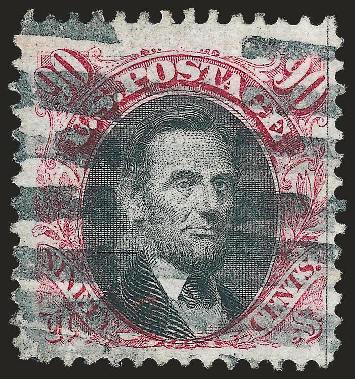 90c Carmine & Black (122).> Bright color, bold grid of bars cancel, couple light corner creases, Very Fine appearance, with 1983 P.F. certificate