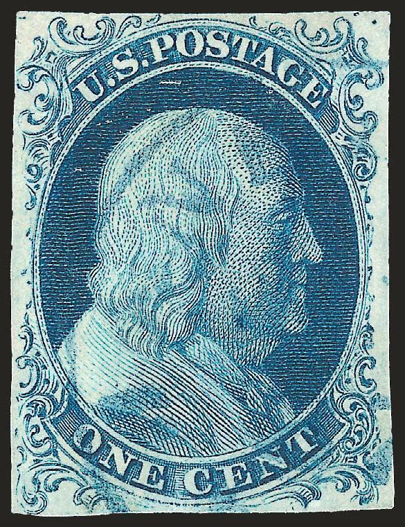 1c Blue, Ty. Ib (5A).> Position 8R1E, full margins to barely touched, beautiful rich Plate 1 Early color on bright paper, neat strike of <blue> circular datestamp<><>^VERY FINE AND CHOICE 1851 ONE-CENT TYPE IB
AND FROM ONE OF THE TWO POSITIONS ON P