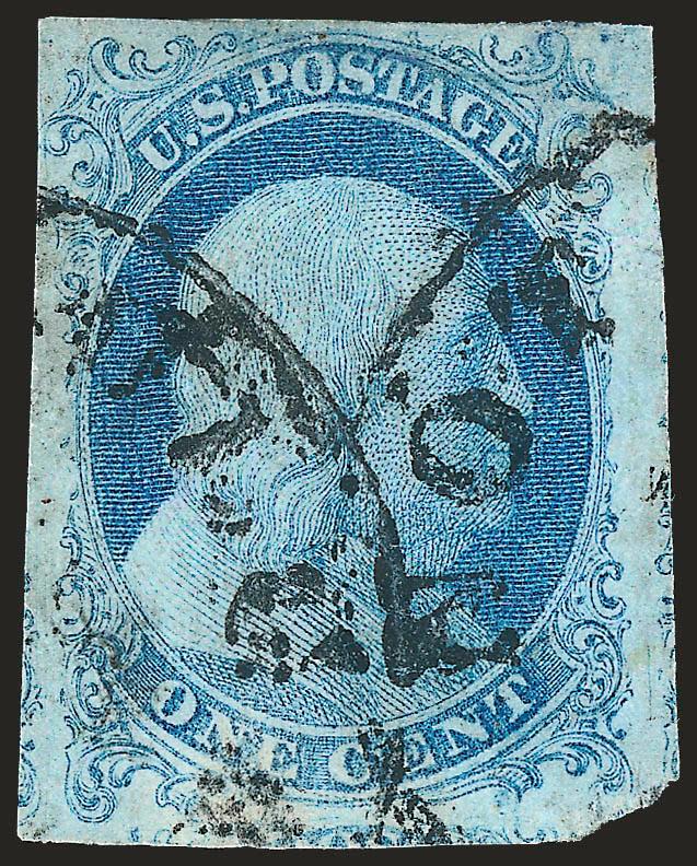 1c Blue, Ty. Ib (5A).> Position 8R1E, huge margins clearly showing the design characteristics at top and bottom, bright Plate 1 shade, two strikes of circular datestamp, defective with creases and repair at top,
still an Extremely Fine appearing and