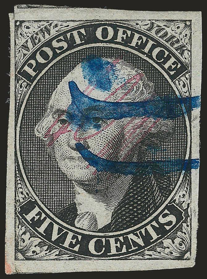 New York N.Y., 5c Black, ACM Initials (9X1).> Large to huge margins incl. part of adjoining stamp at top, blue pen cancel and also trace of red cancel at bottom left, faint crease at left, Very Fine
appearance