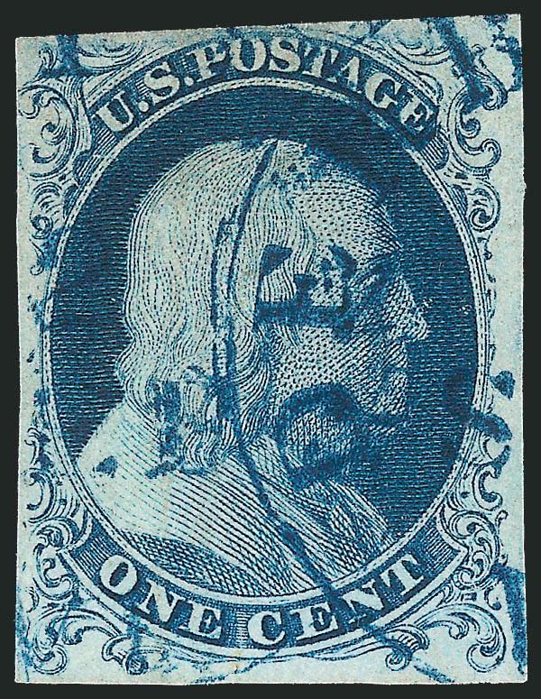 1c Blue, Ty. Ia (6).> Mostly ample to large margins all around, well clear at bottom showing complete plumes (the important major aspect of this type and most desirable when shown completely), deep rich Plate 4
color, <dark blue> circular datestamp<