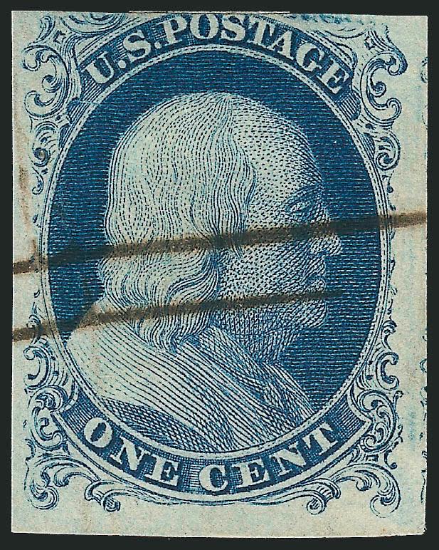 1c Blue, Ty. Ia (6).> Position 92L4, large margins on sides to just in at top, enormous bottom margin clearly shows the key design characteristics, rich color, two neat penstroke cancels leave design clearly
visible<><>^A FINE EXAMPLE OF THE 1851 O