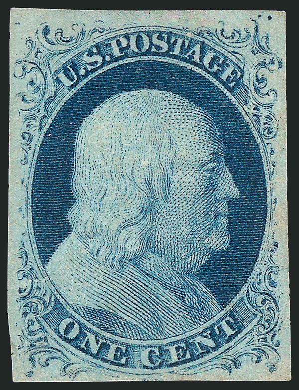 1c Blue, Ty. II, Plate 1 Late (7 var).> Position 4R1L, original gum, lightly hinged, large even margins, rich color on bright paper<><>^EXTREMELY FINE AND EXCEEDINGLY RARE ORIGINAL-GUM EXAMPLE OF THE 1851
ONE-CENT TYPE II FROM PLATE 1 LATE. THIS IS